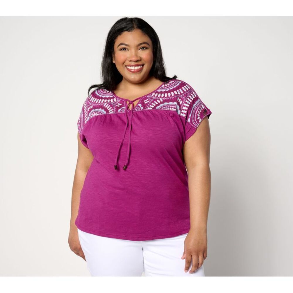 Denim & Co. Women's Top Sz XS Textured Knit Dolman-Sleeve Embroidered Red